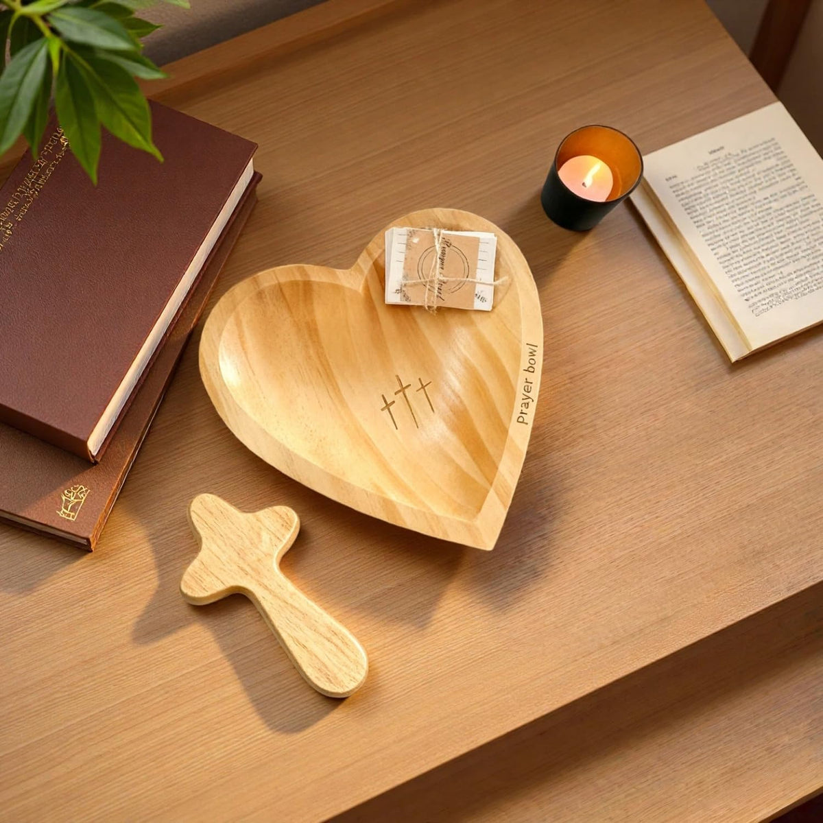 Wooden Prayer Bowl with 24 Cards & Pine Cross, Heart Shaped Christian Premium Solid Heart Container Love Bowl for Home Decor Religious Christmas Men Women Gifts(420g)