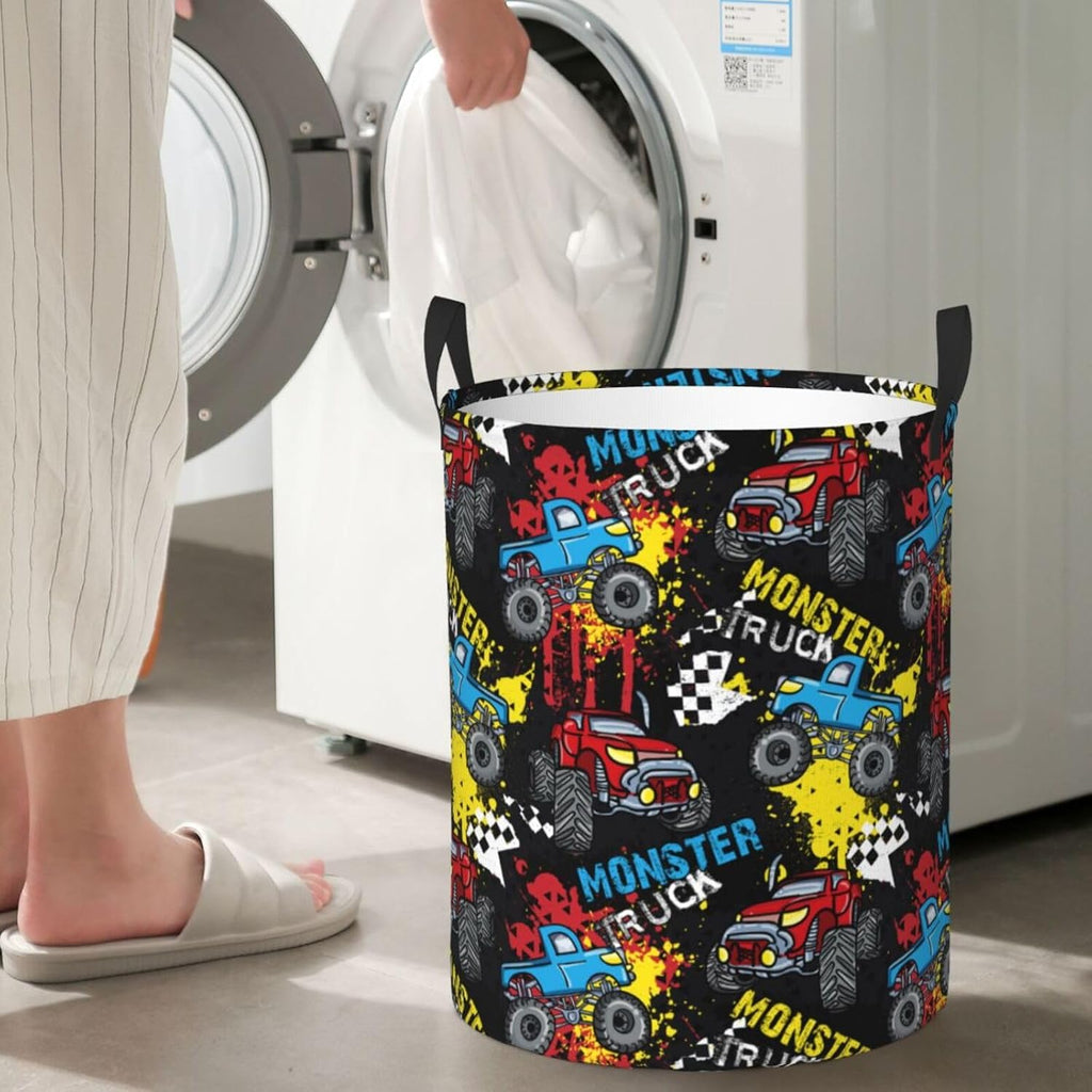 Laundry Basket Monster Truck Room Decor,Round Laundry Hamper Waterproof Dirty Clothes Hamper Collapsible Laundry Baskets With Handles,Toy/Clothes Storage Basket For Home Dorm Bathroom Decor
