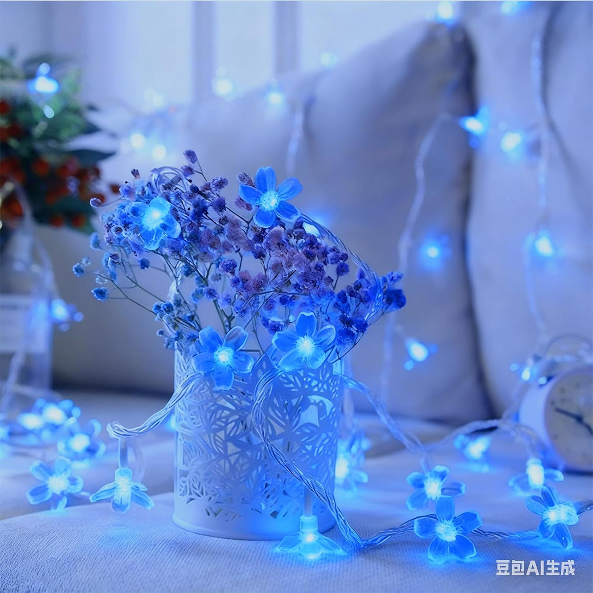USB & Battery Lighted 10ft 30 LED Decorative Blue Fairy Flower String Light