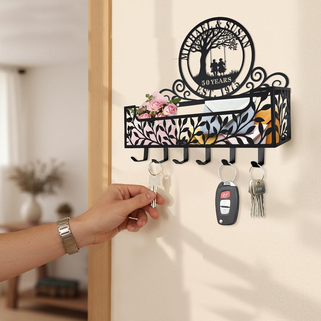 Personalized Metal Family Name Key and Mail Holder, Wall Mount Entryway Organizer with Hooks, Custom Key Rack for Kitchen, Bathroom, and Home Storage