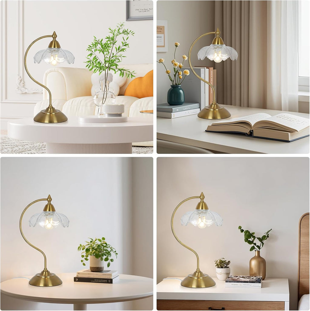 Glass Desk Lamp, Gold Table Lamps for Living Room, Brass Side Table Lamp with Clear Flower Shade, Desk Lamps for Home Office, Mid Century Modern Nightstand Lamp, Vintage Beside Lamp for Bedroom Decor