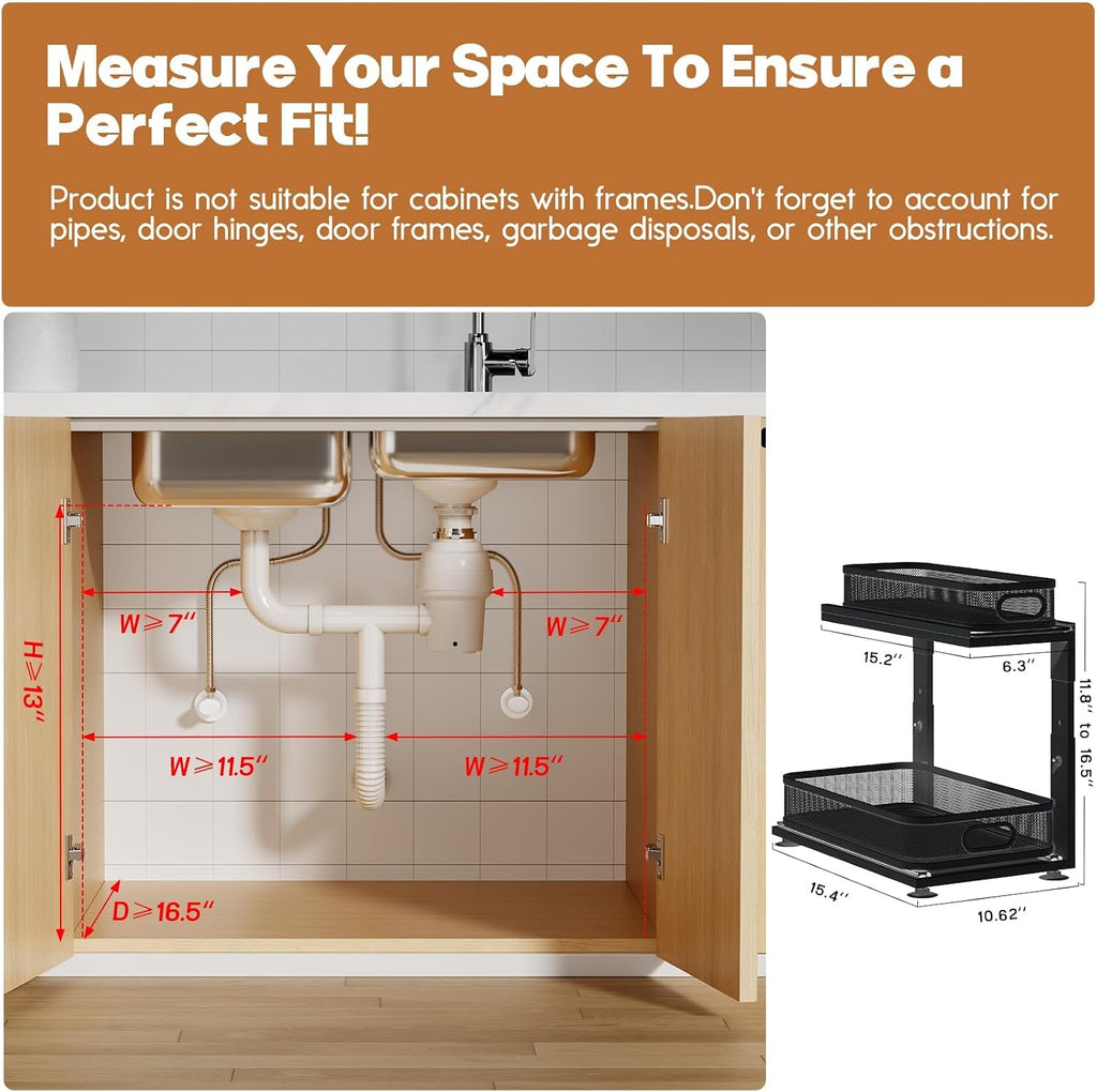 1 Pack-16"D Under Sink Storage Organizer with 2-Tier Slide Out Drawer, Sophisticated Mesh Pull Out Shelf for Kitchen & Bathroom, Fits Small Items, Upgraded Arched Track for Smooth Gliding-Black