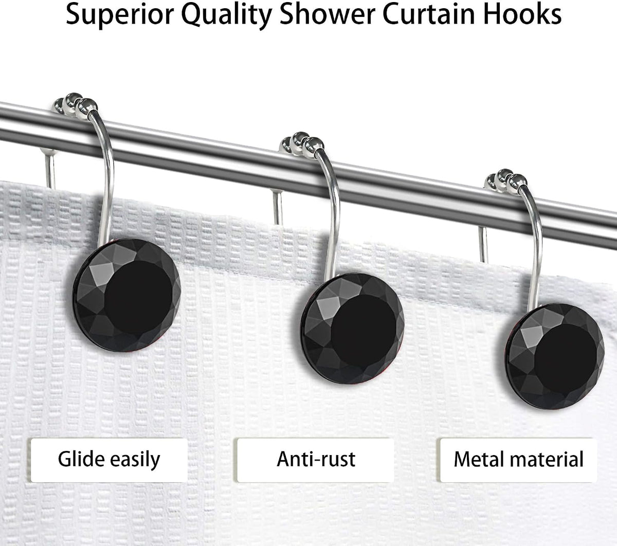 Black Crystal Diamond Shower Curtain Hooks for Bathroom【12Pack】, Silver Rust Proof Stainless Steel Rings, Decorative Gem Hanger, Bling Rhinestone, Glittery, Cute, Fancy Accessories