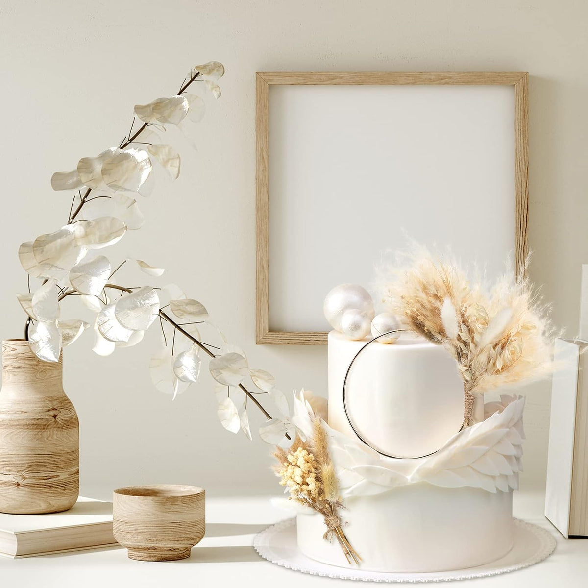 Sinmoe 2 Pcs Boho Cake Topper Decorations Hoop Wreath with Pampas Grass
