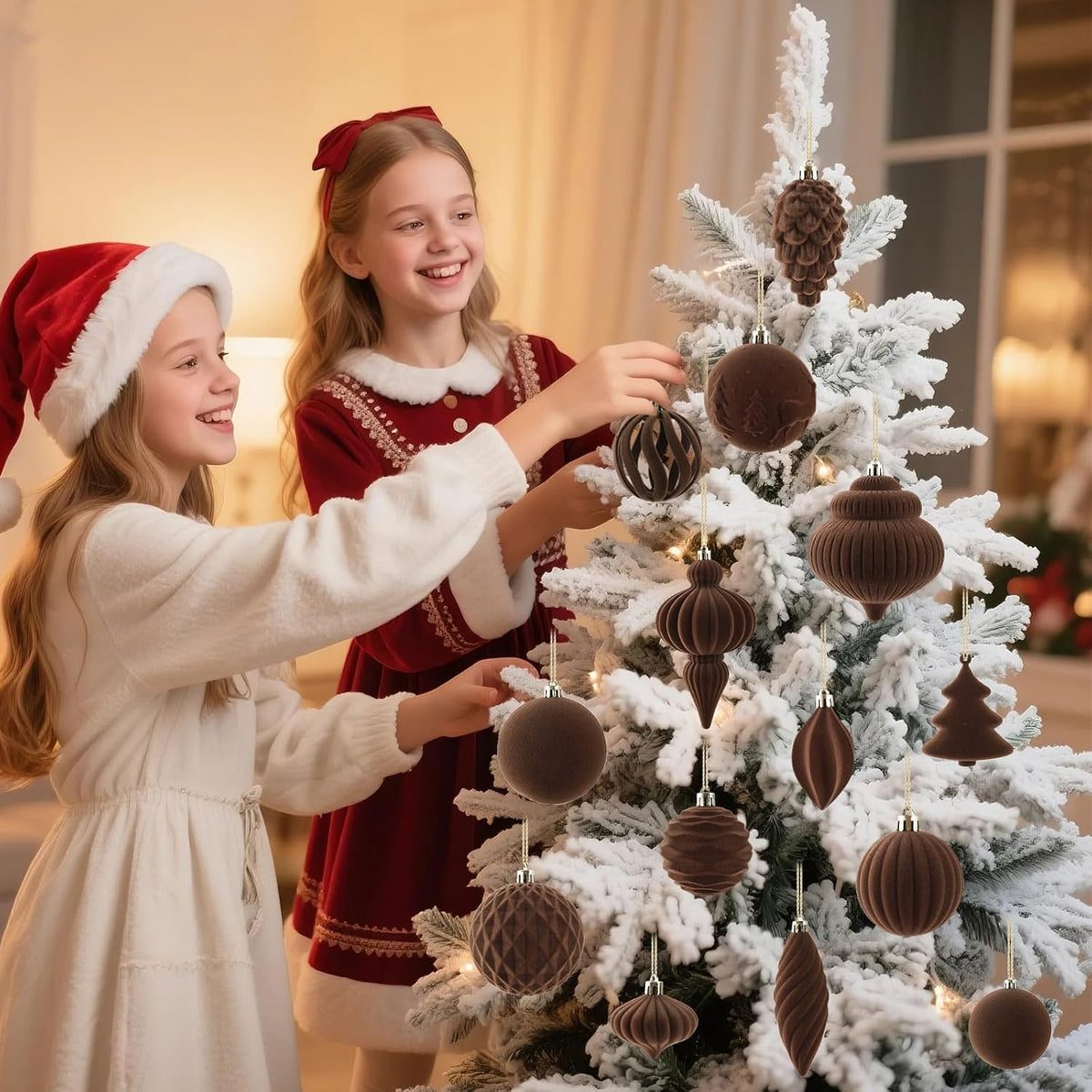 18Pcs Velvet Christmas Tree Ornaments Set, Brown Flocked Hanging Christmas Balls Ornaments, Shatterproof Decorative Hanging Balls Vintage Decorations Assortment for Xmas Tree Holiday Home Party Decor