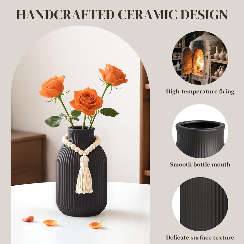 JOHOUSE Black Ceramic Vase, 7.9 Inch Flower Vase for Pampas Grass