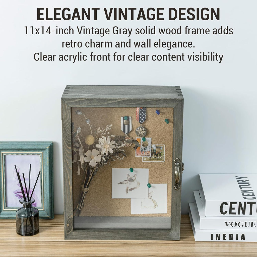 MyGift 11x14 Vintage Gray Solid Wood Deep Shadow Box with Cork Board Backing, Wall Mounted Display Case with Clear Acrylic Front Window Panel, Metal Handle