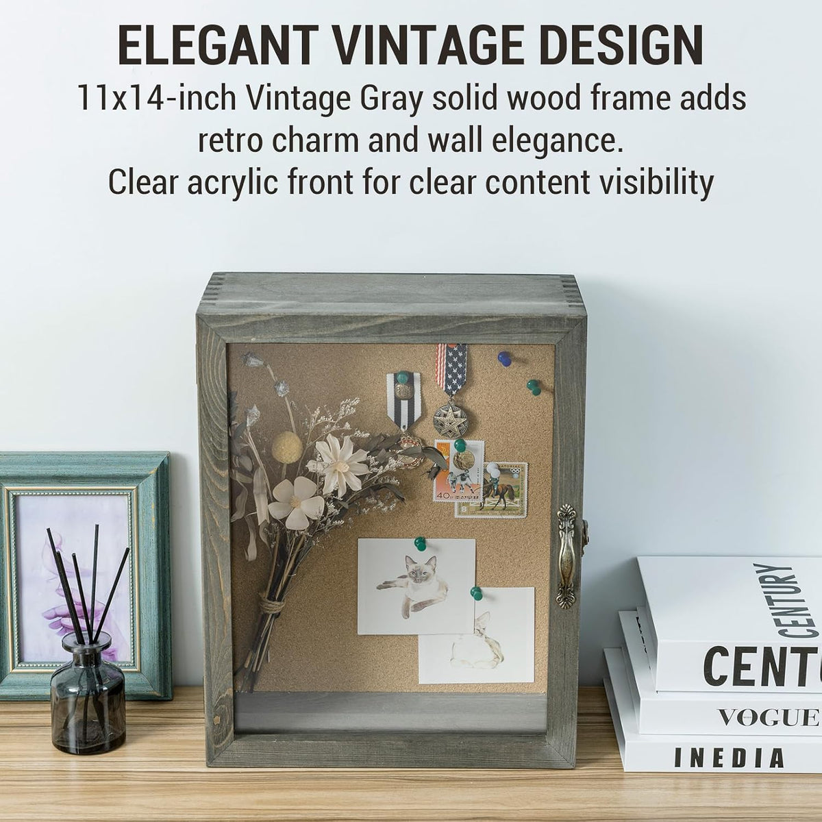 MyGift 11x14 Vintage Gray Solid Wood Deep Shadow Box with Cork Board Backing, Wall Mounted Display Case with Clear Acrylic Front Window Panel, Metal Handle