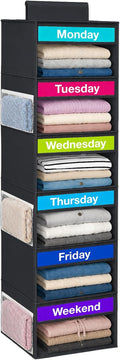 Weekly Clothes Organizer for Closet, 6-Shelf Hanging Closet Organizer with 6 Side Pockets(Black)
