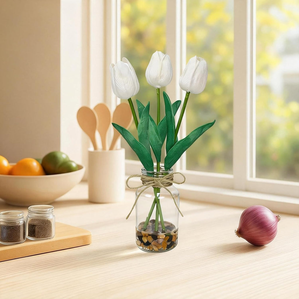 2 Packs Artificial Tulips Flowers in Glass Vase with Faux Water Stone,White
