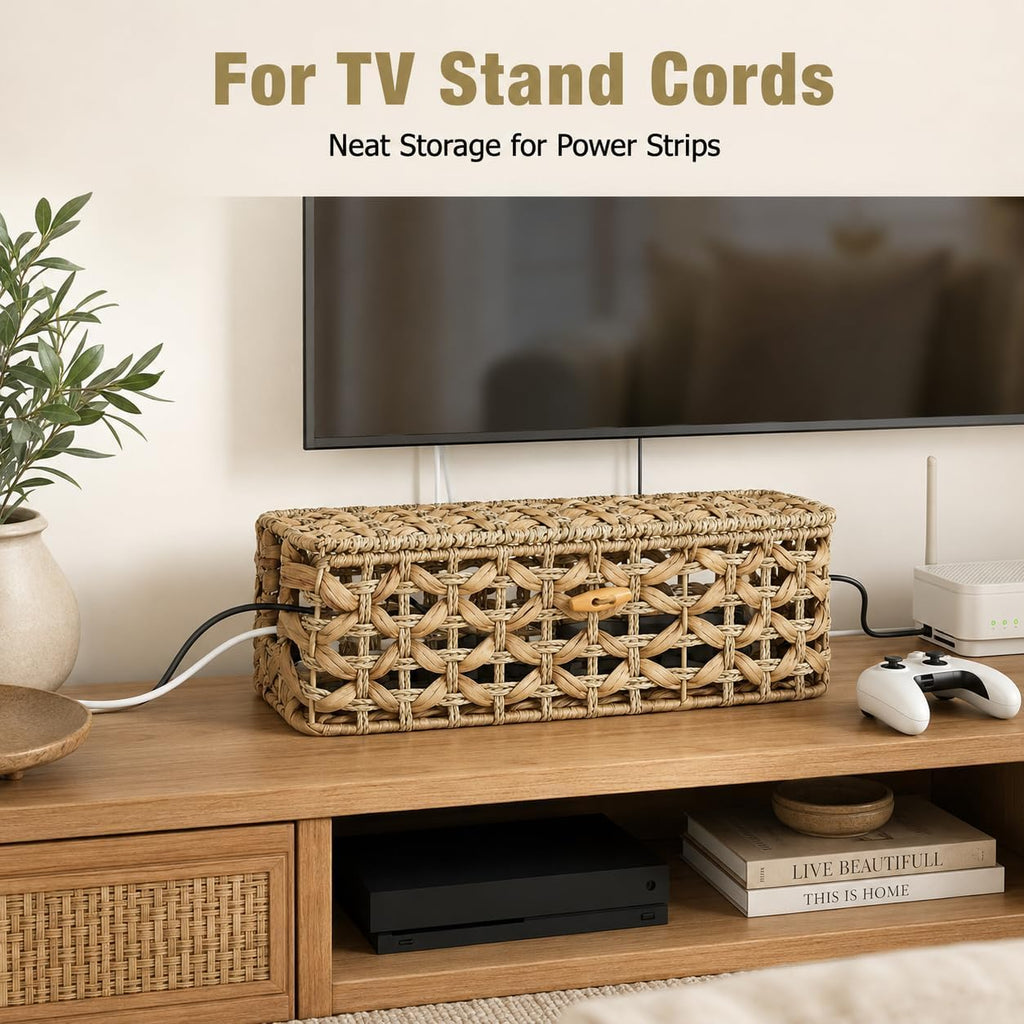 Handwoven Cable Management Box with Lid, Decorative Cord Organizer Basket for Power Strip, Charger, Router and USB Hub, Rectangular Cable Hider for Home Office Desk Shelf