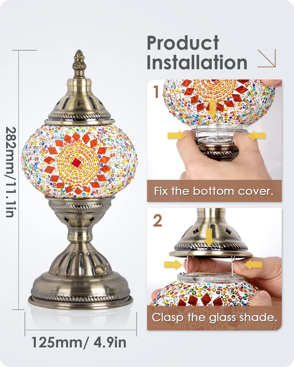Yarra-Decor Turkish Moroccan Lamp with Bronze Base Handmade Tiffany Mosaic Glass Lamps Portable Bedside Lamps with Rechargeable Battery 2000mAh (LED Bulb Included) (Orange1)
