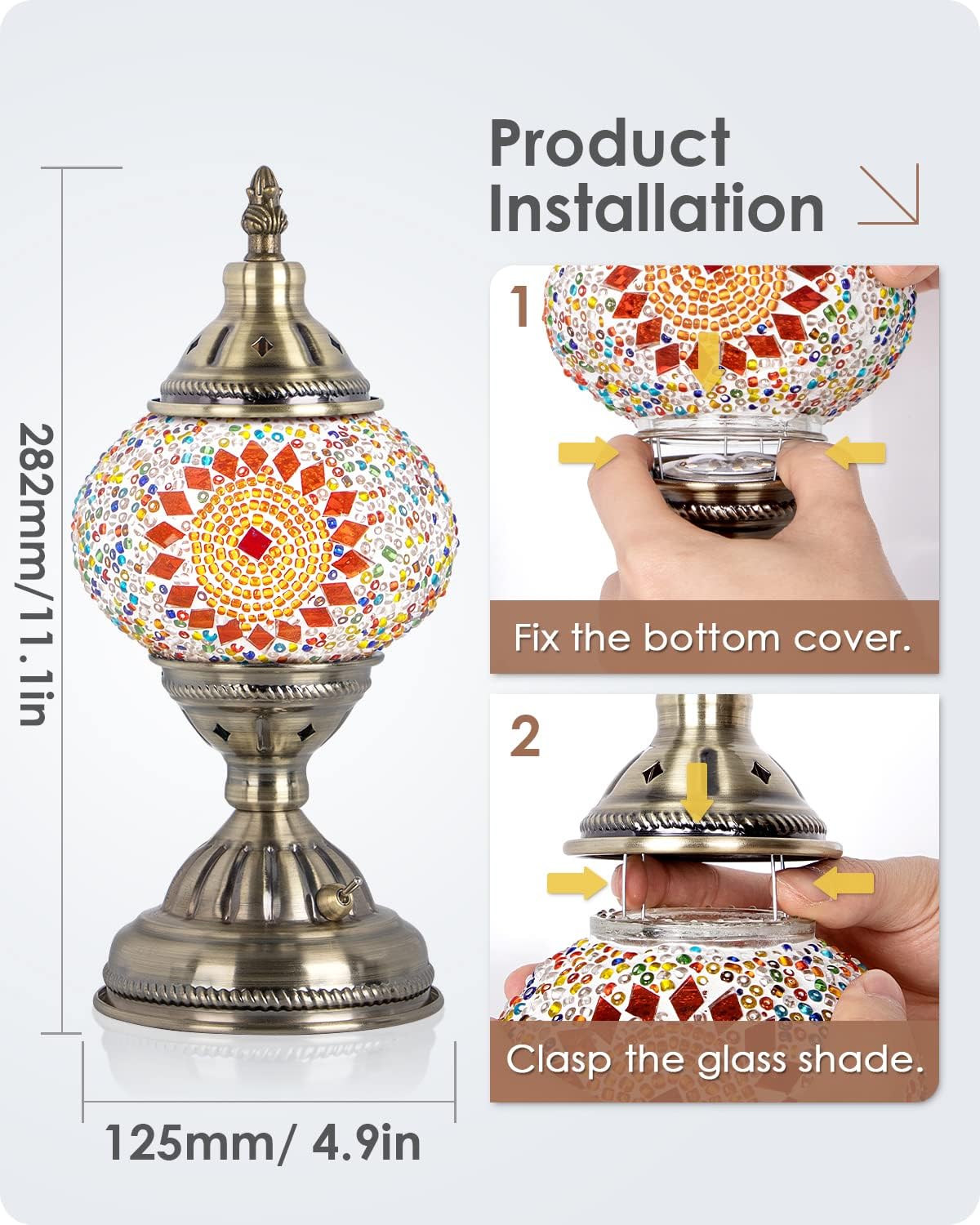 Yarra-Decor Turkish Moroccan Lamp with Bronze Base Handmade Tiffany Mosaic Glass Lamps Portable Bedside Lamps with Rechargeable Battery 2000mAh (LED Bulb Included) (Orange1)