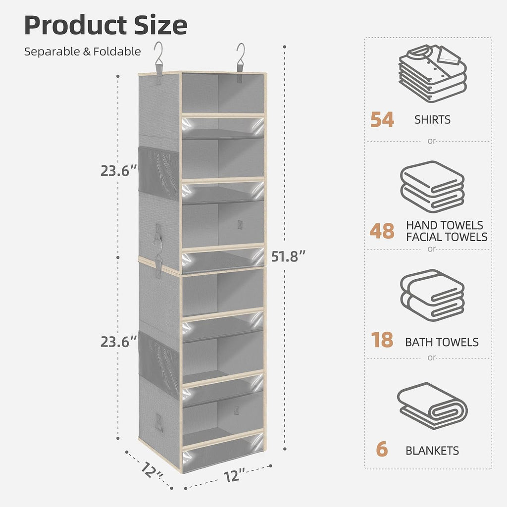 STORAGE MANIAC 6-Shelf Hanging Closet Organizer and Storage, 2 Separable 3-Shelf Haning Organizers for Closet, Collapsible Hanging Shelves Wardrobe Organization, College Dorm Room, Nursery, Gray