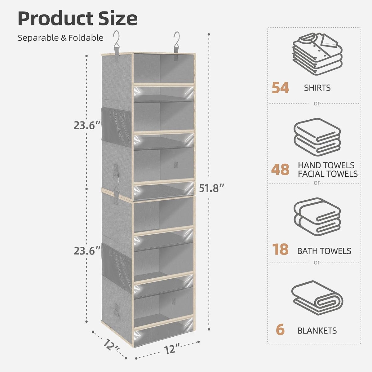 STORAGE MANIAC 6-Shelf Hanging Closet Organizer and Storage, 2 Separable 3-Shelf Haning Organizers for Closet, Collapsible Hanging Shelves Wardrobe Organization, College Dorm Room, Nursery, Gray