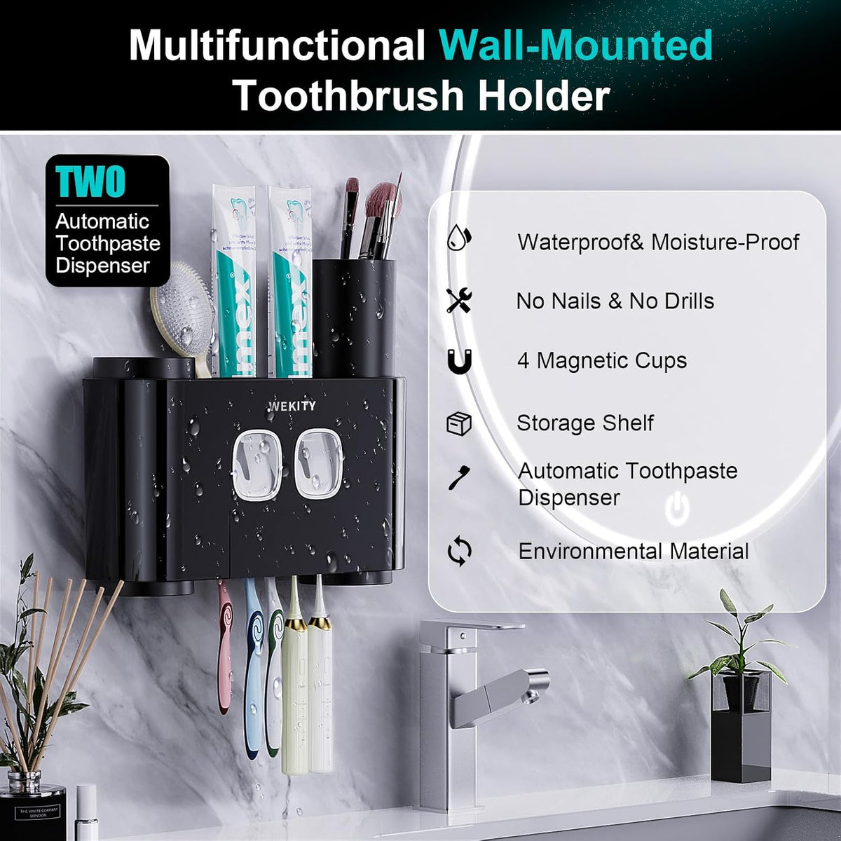 Toothbrush Holder,Multi-Functional Wall Mounted Toothbrush Holder,Toothpaste Dispenser for Bathroom with 2 Toothpaste Squeezers,5 Toothbrush Slots and 4 Cups(Black)