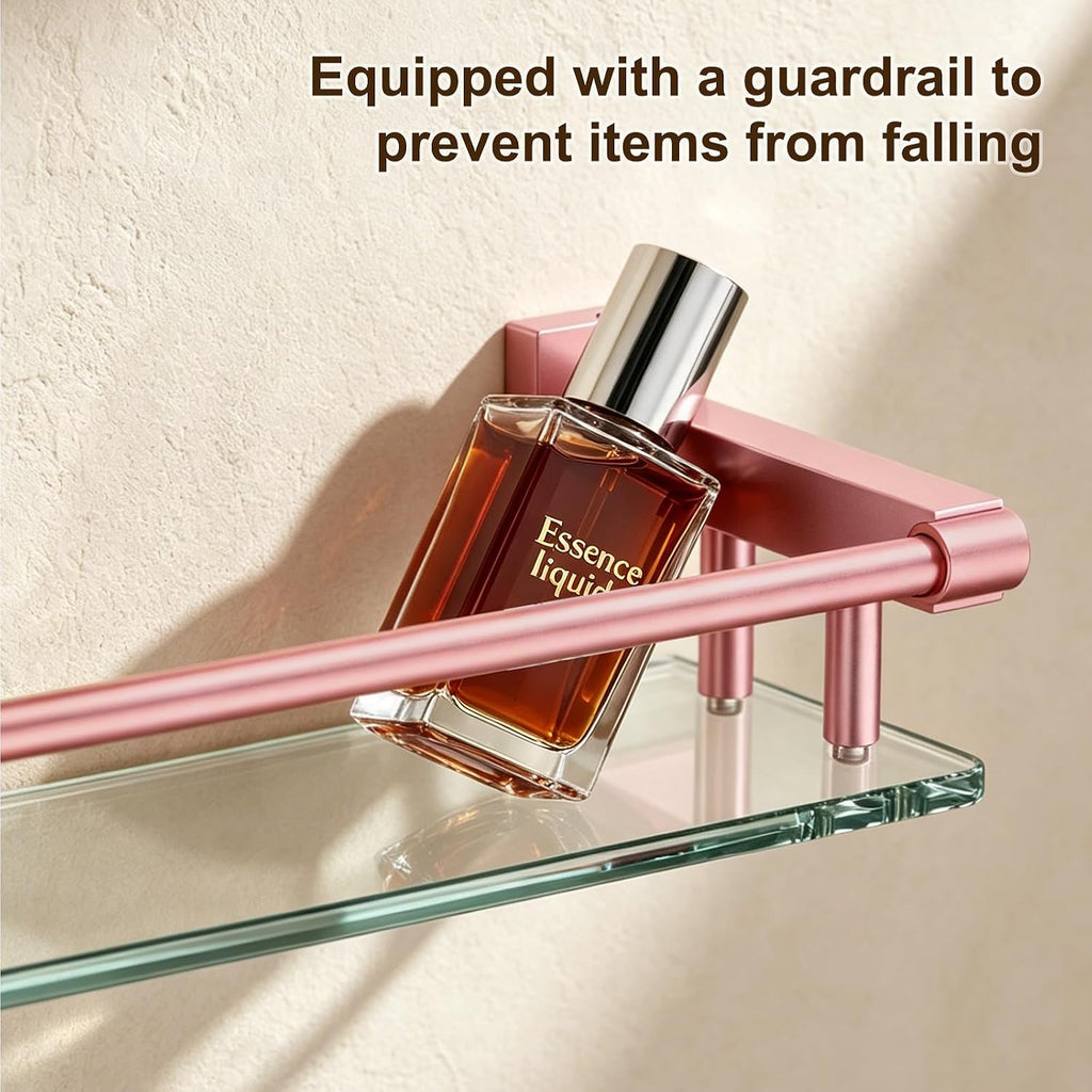 Glass Shelf for Bathroom Rectangular Stainless Steel Tempered Glass Modern Stainless Steel Wall Mount Shelf (Pink, 20″ with Railing)
