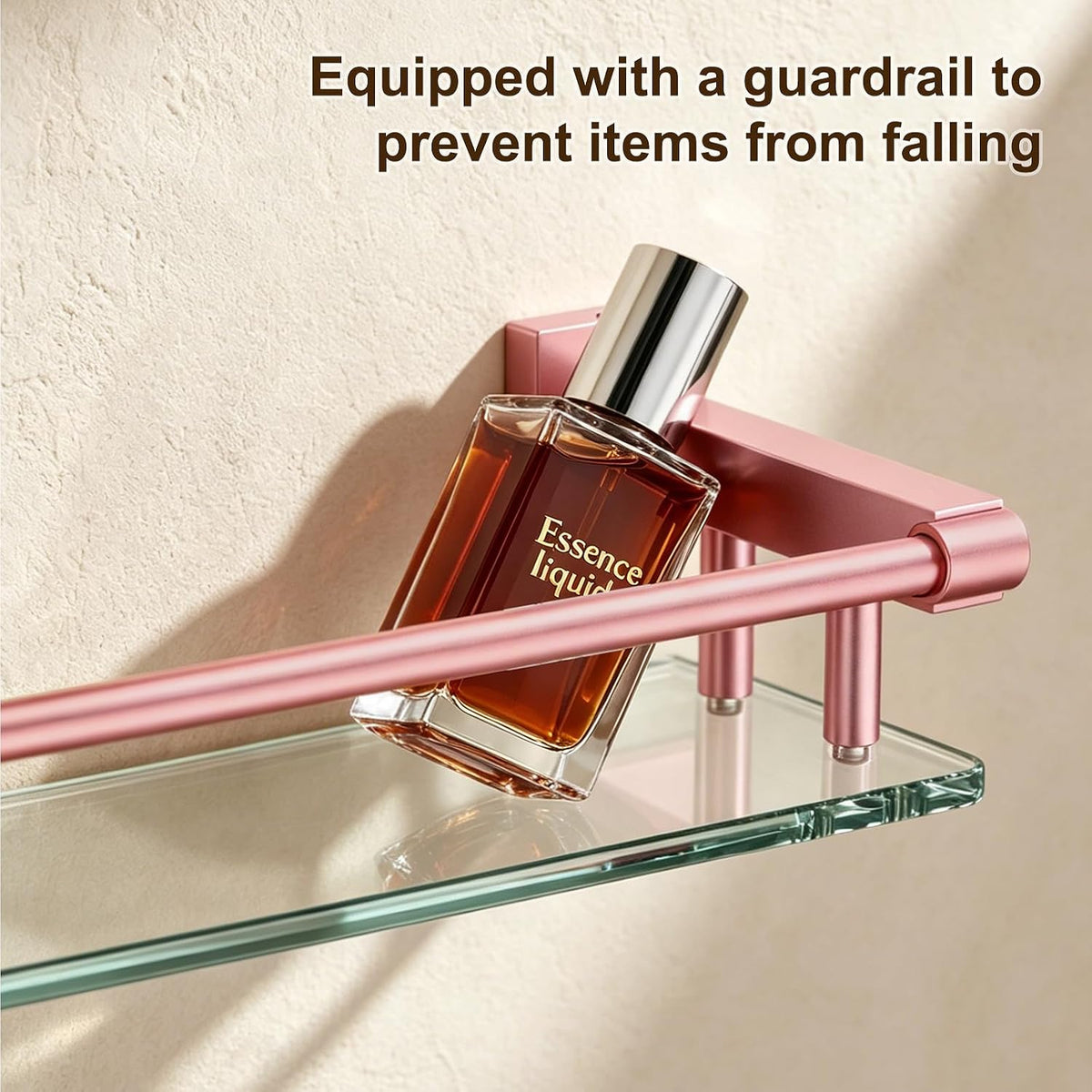 Glass Shelf for Bathroom Rectangular Stainless Steel Tempered Glass Modern Stainless Steel Wall Mount Shelf (Pink, 20″ with Railing)