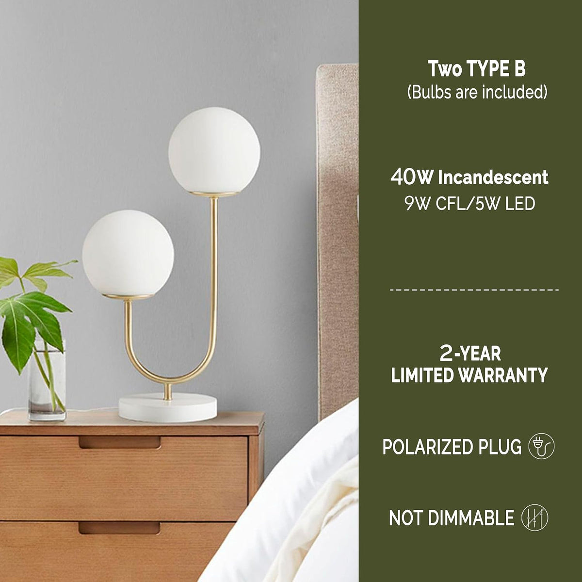 510 DESIGN Table Lamp for Bedroom - Metal Gold Nightstand Lamp, Frosted Glass Globes Modern Bedside Lamp w/White Base, Clear Polarized Cord & in Line Switch, Accent Lamp Decor, 20" H Gold/White