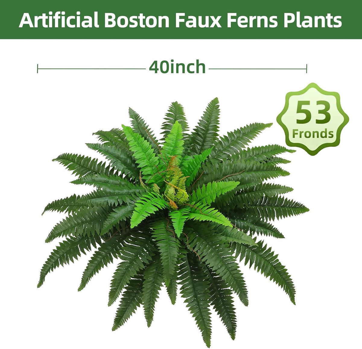 40" Artificial Boston Ferns Bush Plants, Set of 2, Large Faux Ferns Hanging Decor with 53 Fronds, Fake Vines Indoor Or Outdoors Planter for Home and Office Decor