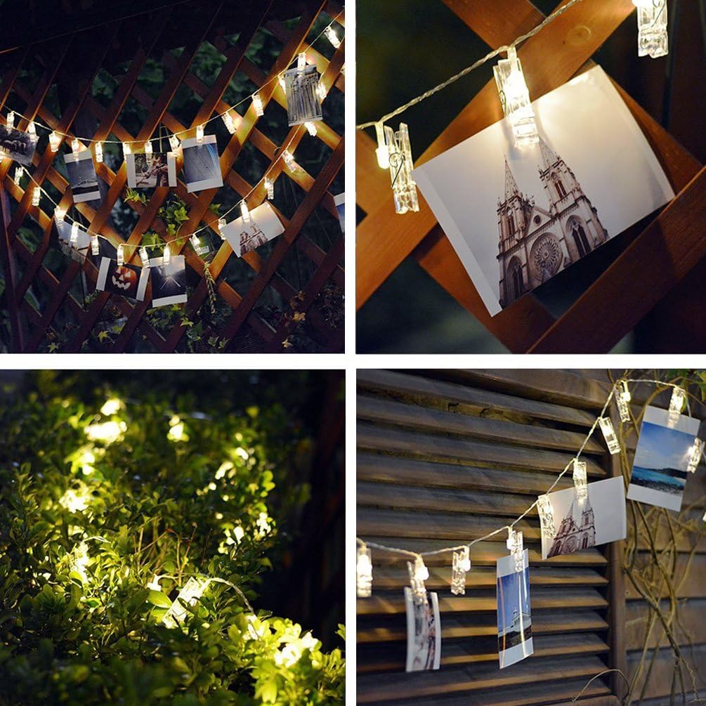 Decute 50LED Photo Clips String Lights Holder Timer Function 8 Modes Dimmable with Remote, 17FT Fairy Starry Lights for Christmas Card Bedroom Wedding Party Hanging Photos Pictures Memos, Warm White
