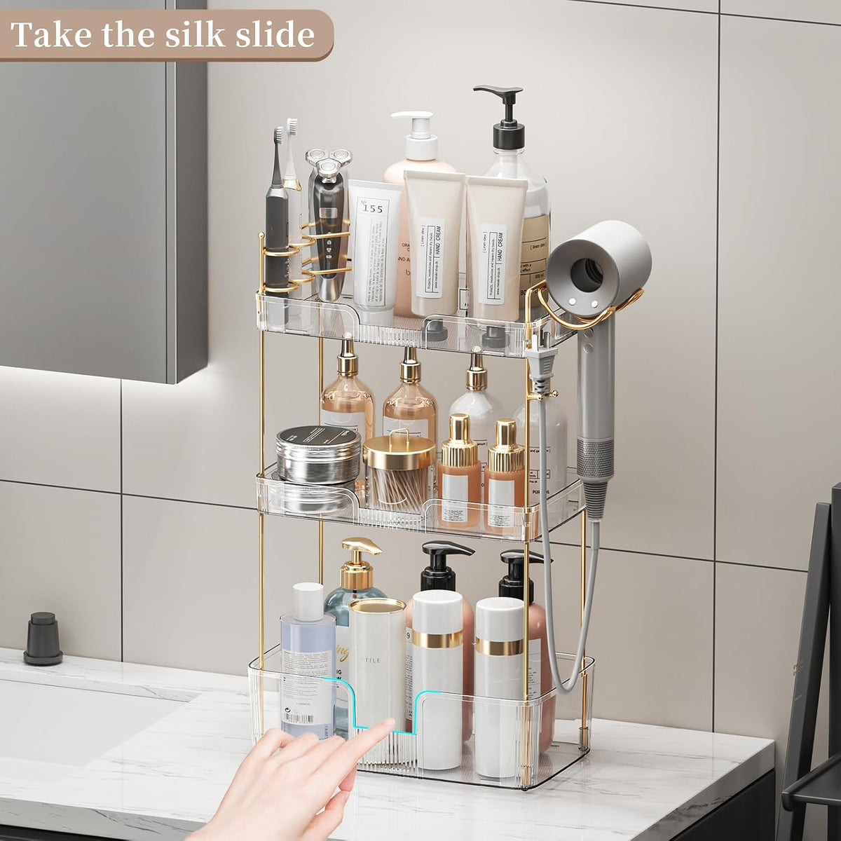 YCIA&DONE Luxury Bathroom Counter Organizer, Large Makeup Organizer Countertop, Shelf Organizer, Vanity Tray, Easily Assemble for Bathroom Organizers and Storage, Undersink, Cabinet, 3 Tiers Clear