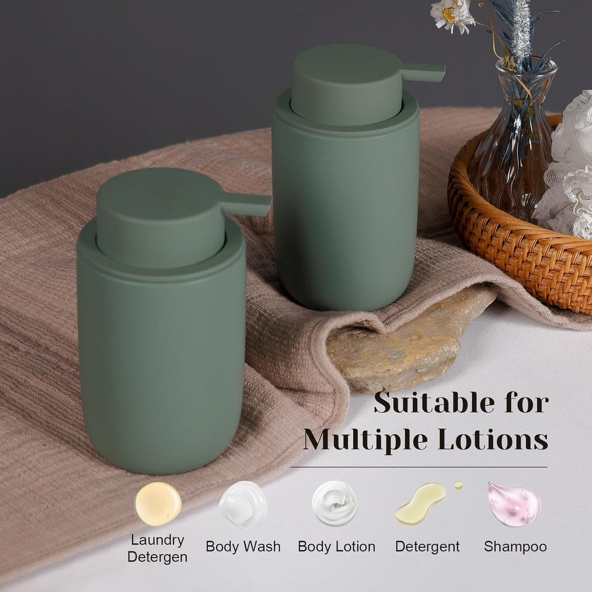 INGOFIN Ceramic Foaming Soap Dispenser Set, 2 Pack (12 oz) Bathroom Foam Hand Soap Dispenser with Pump, Hand and Dish Dispenser Set with 8 Pcs Clear Stickers,for Kitchen- Matte Green