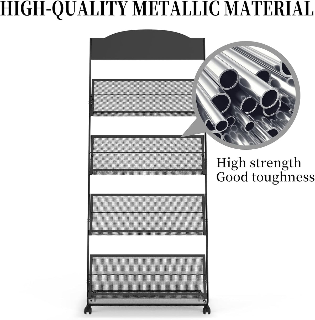 Floor-Standing Magazine Rack 4-Layer with Wheels, Semi-arched top Brochure Display Stand, High-hardness metal for Exhibitions, Office, and Any Organization Requiring Information Display (Arc-Black)