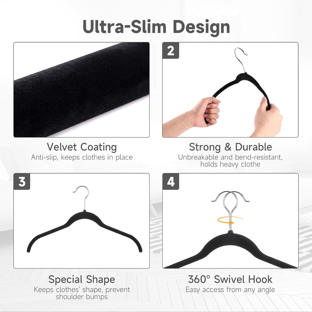Whitmor Spacemaker Velvet Clothes Hangers, Non-Slip Flocked Dress & Shirt Hangers with Contoured Shoulders, Slim Space Saving Closet Hangers with Chrome Hook, Black, 10 Pack