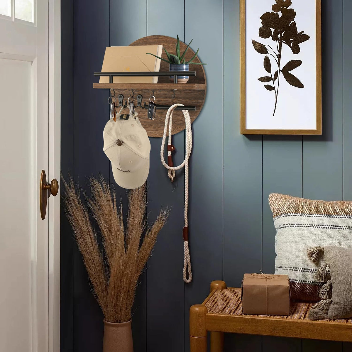 Gurfuy Key Holder for Wall with Shelf - Wood Mail Organizer and Rack with Shelf Hooks Wall Mounted for Entryway Decor Magazines Letter Storage Farmhouse Living Room Bedroom Doorway (Rustic Brown)