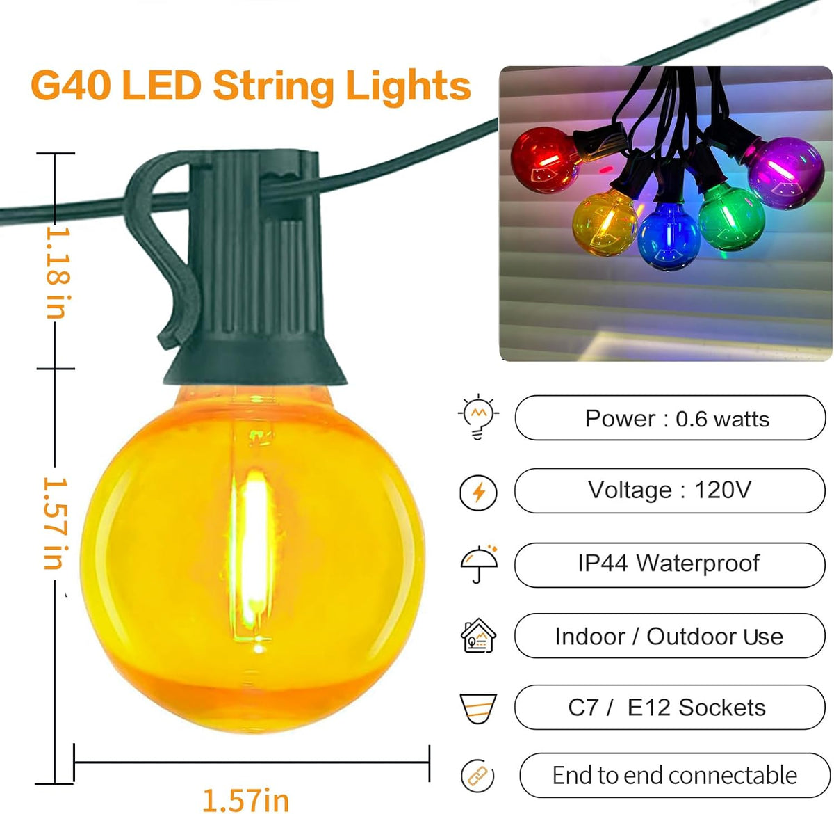 25FT Outdoor String Lights, G40 LED Multicolor Globe, Shatterproof
