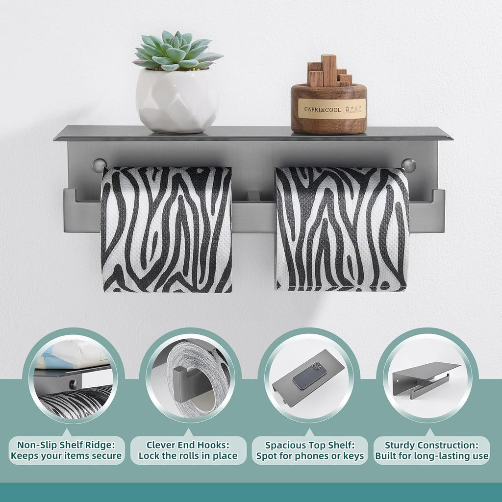 APLusee Double Toilet Paper Holder with Storage Phone Shelf, Gunmetal Gray
