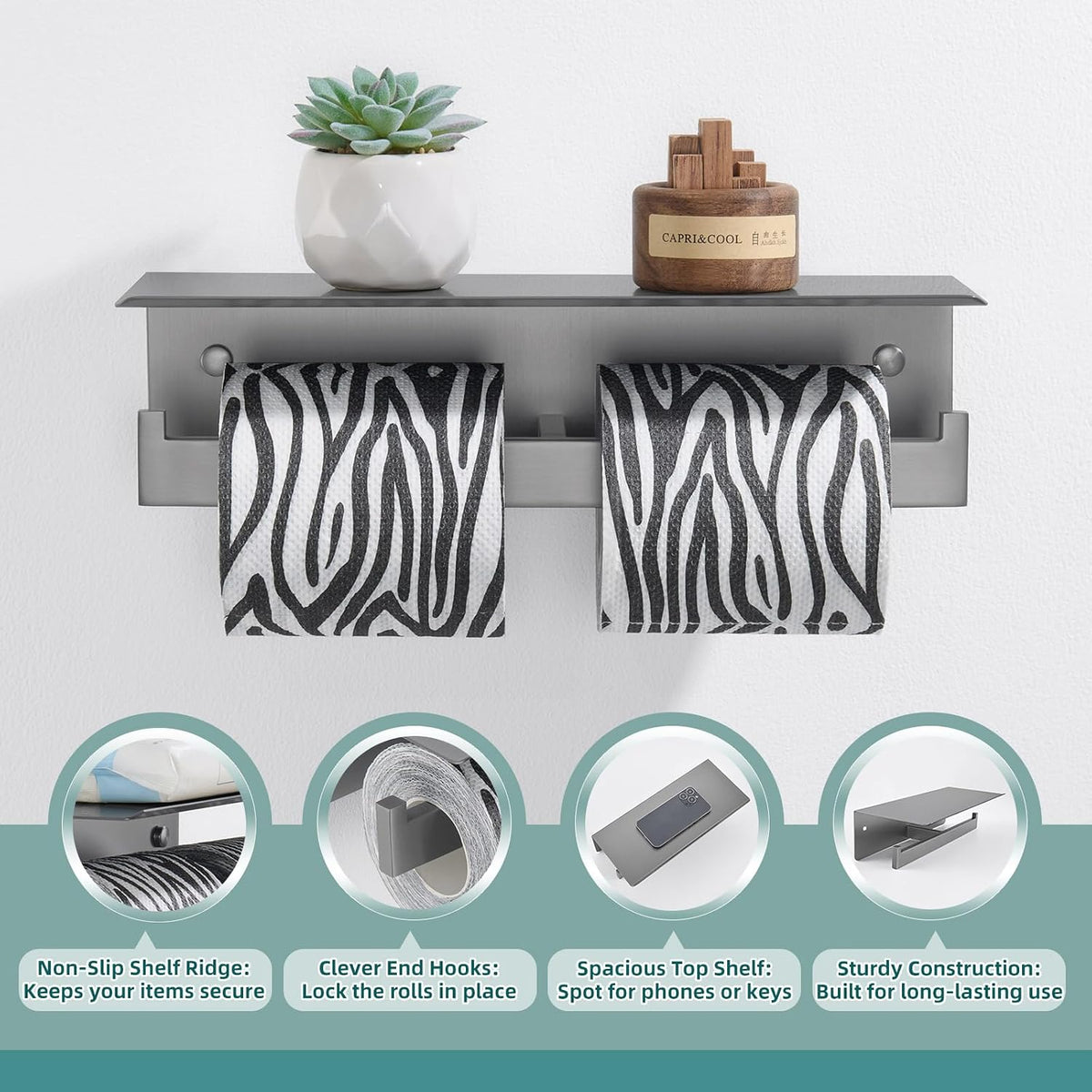 APLusee Double Toilet Paper Holder with Storage Phone Shelf, Gunmetal Gray