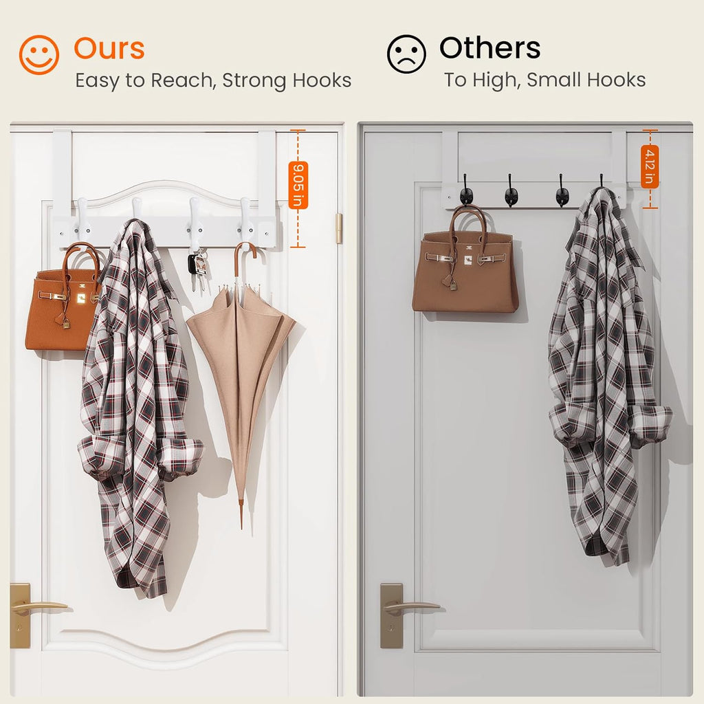 Homode Over The Door Hooks Heavy Duty, Wood Over Door Hanger Hook, Over Door Towel Rack with Coat Hooks for Hanging Towels Clothes Hats Bags, Back of Bathroom Door, White