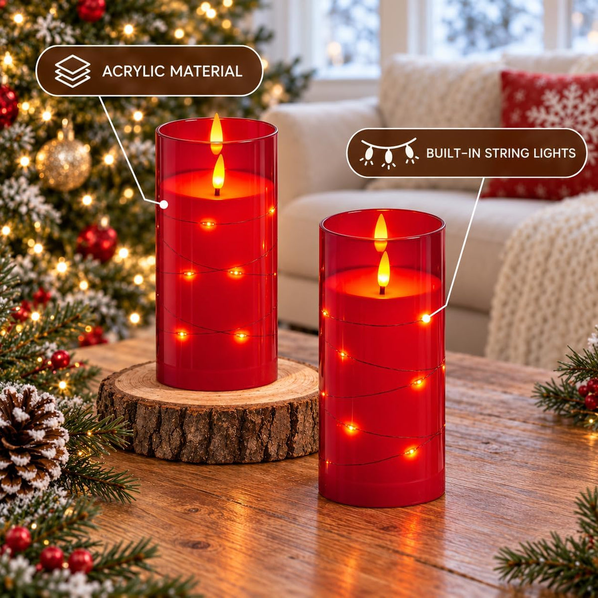 Flickering Flameless Candles with Remote Timer, 6pcs LED Battery Operated Candles with Embedded String Lights Red, Same Size D3 H6