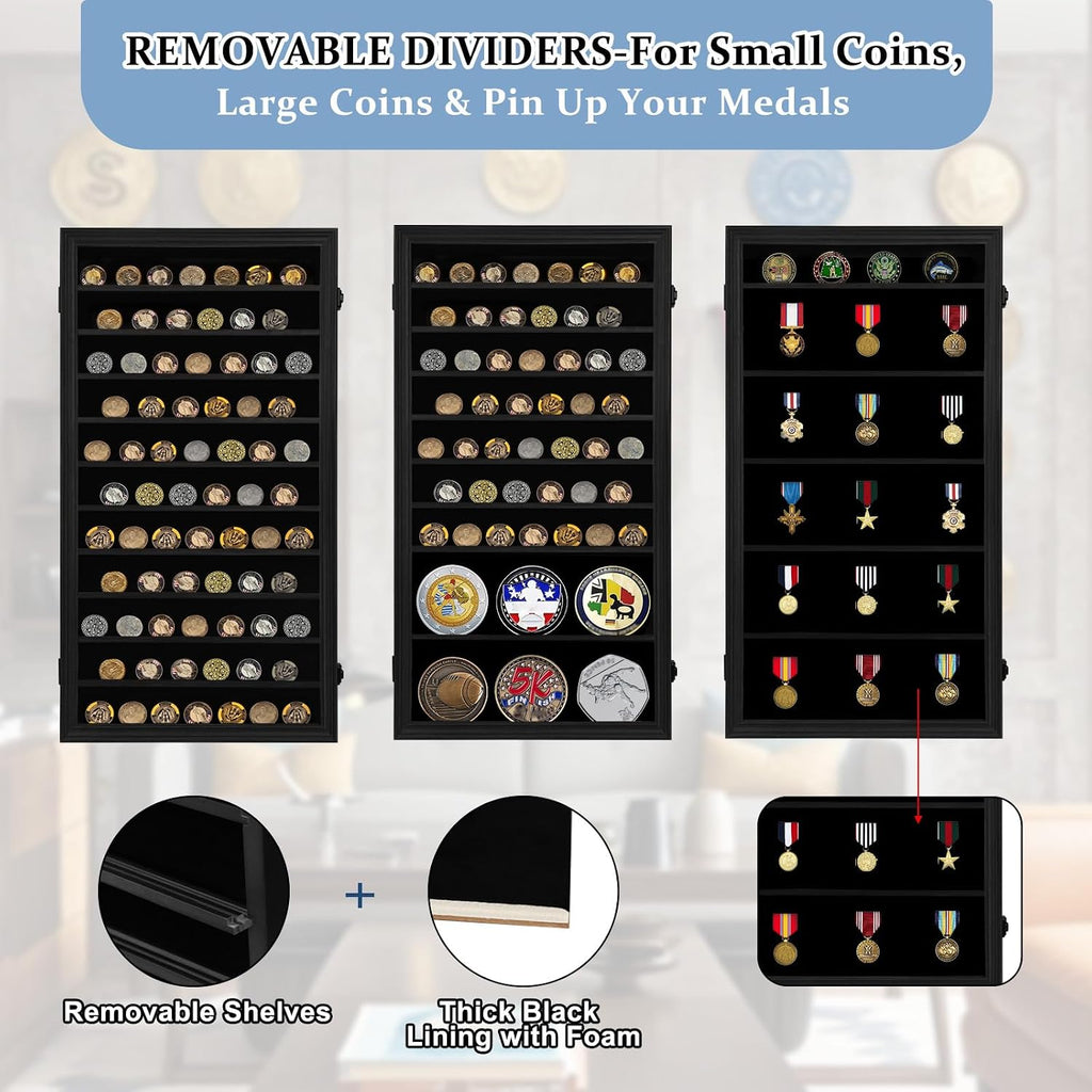 Oversized Military Challenge Coin Display case for Badges & Ribbons Black