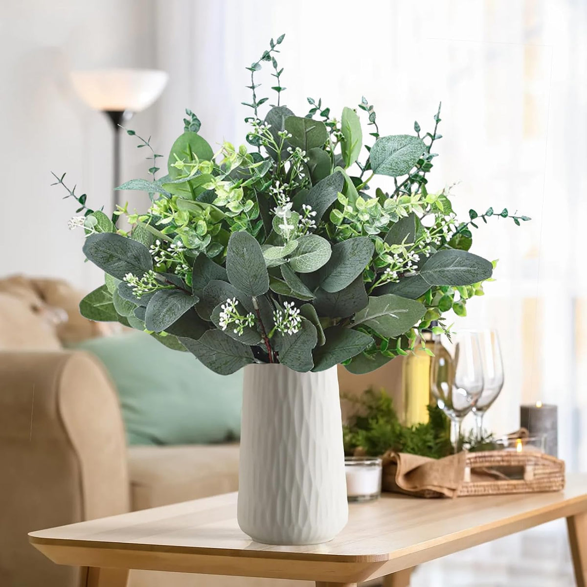 100 Pcs 4 Kinds Mixed Eucalyptus Stems Bulk, Artificial Silver Dollar Eucalyptus Leaves Bundle Faux Greenery Branches for Wedding Centerpiece Vase Bouquet Floral Arrangement Home Decor