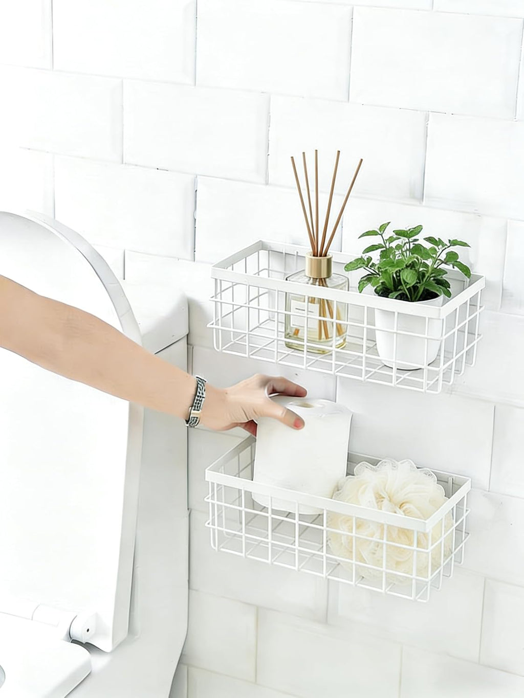 2 PCS Adhesive Wire Wall Baskets, Hanging Small Storage Organizer, White