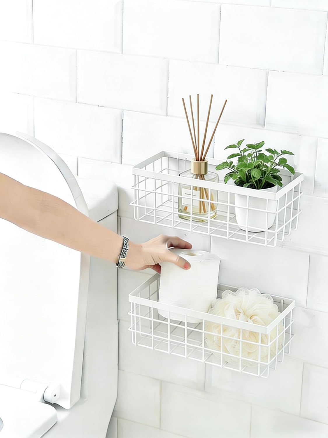 2 PCS Adhesive Wire Wall Baskets, Hanging Small Storage Organizer, White