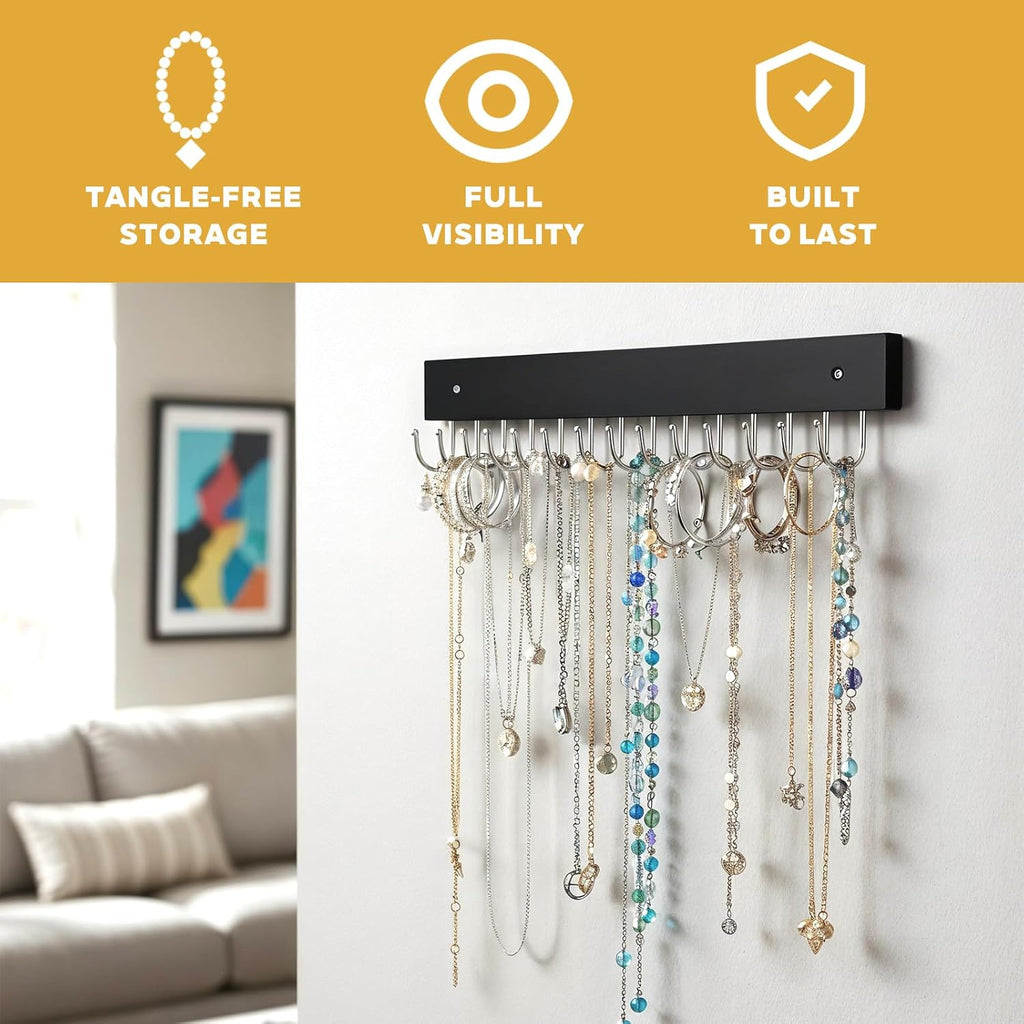 4 Pack Necklace Holder Wall Mount, Tangle-Free Wall Necklace Organizer with 14 Hooks, Wooden Jewelry Hanger, for Chains, Bracelets, Earrings, Black