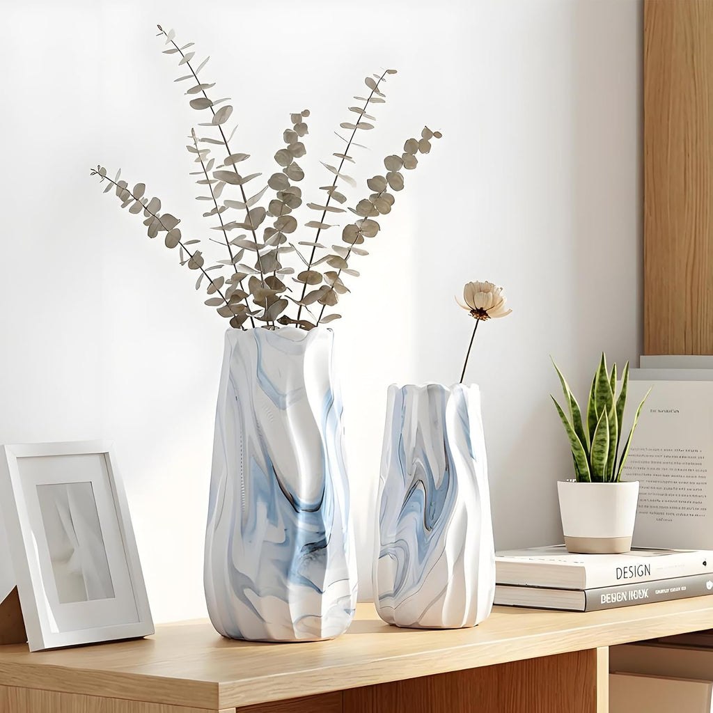 Ceramic Vase Set of 2, Blue and White Wave Vases Coastal Decor