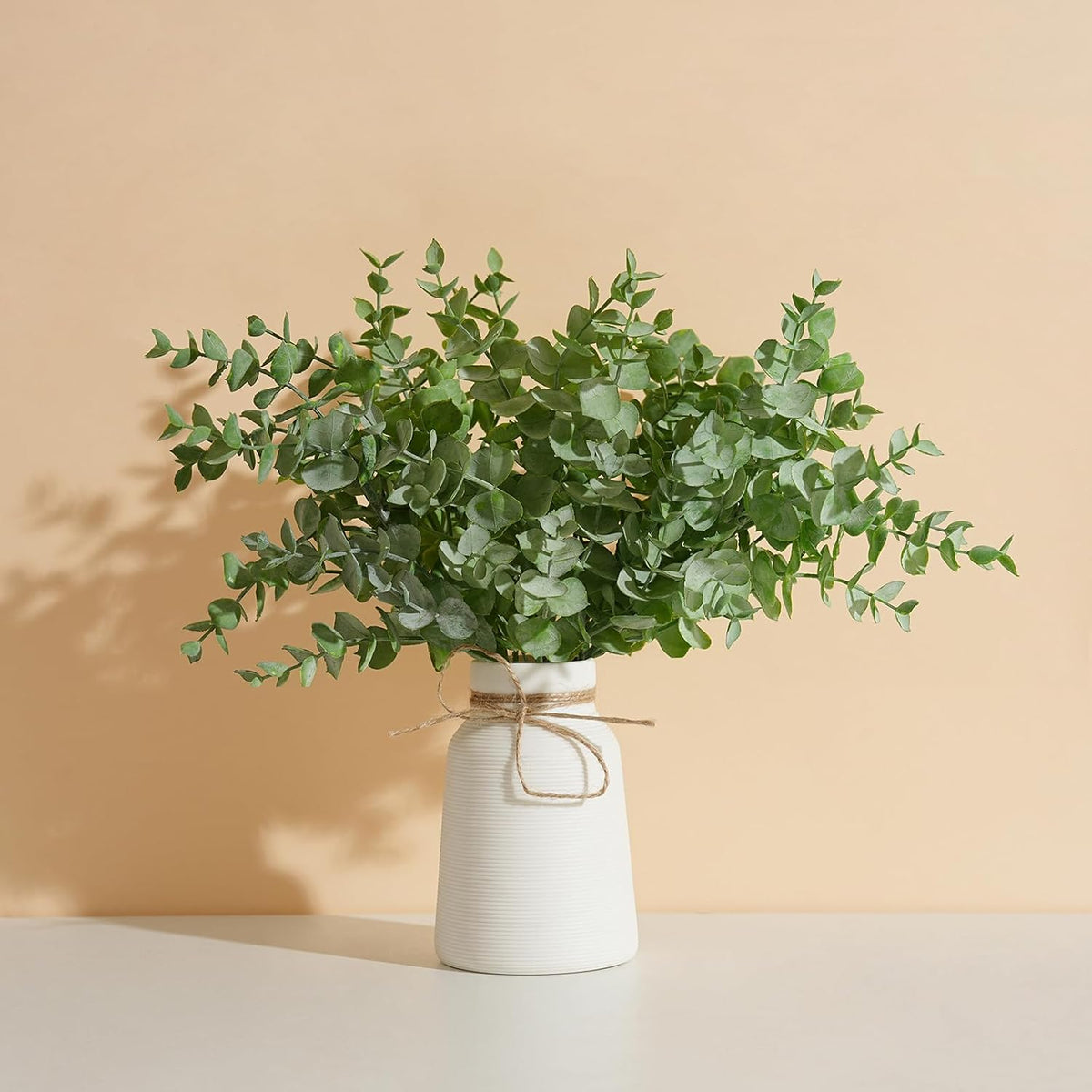 Artificial Eucalyptus Stems in White Ribbed Texture Ceramic Vase,Realistic Greenery 14" Faux Plant Arrangements Home Decor Weddings Centerpieces