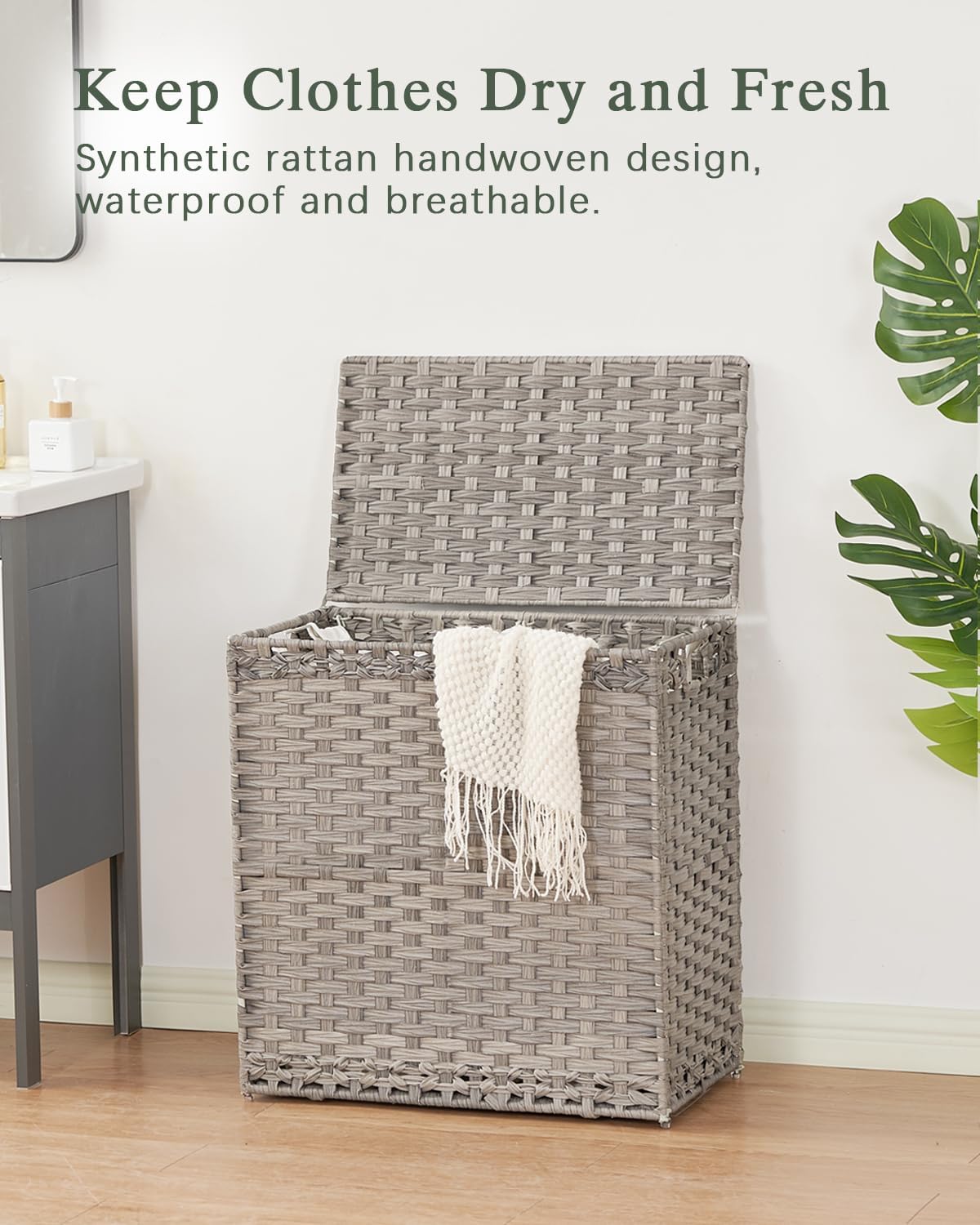 SETVSON Laundry Hamper with Lid Wicker Laundry Basket, 112L, Gray