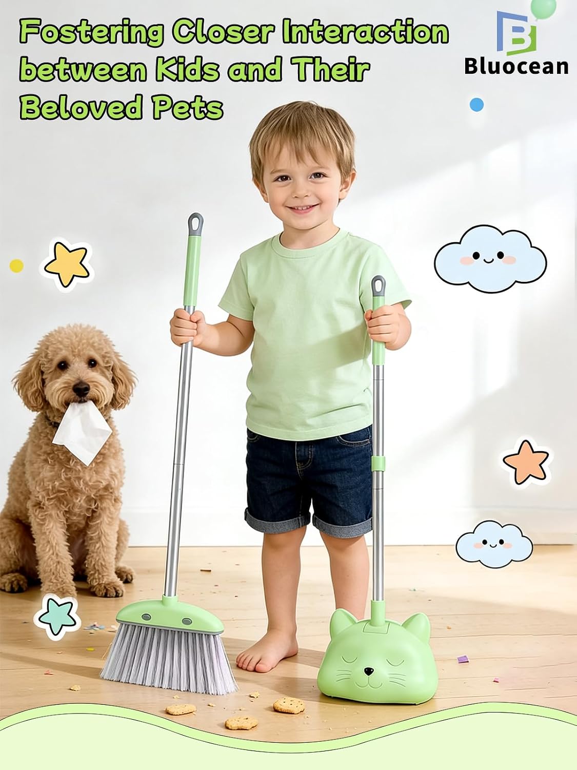 Toddler Cleaning Toy Set-28'' Kids Mini Broom with Dustpan & Mop, Toddler Household Helper, Parent-Child Interactive Play Cleaning Tool, Cute Cartoon Design, Small Safe Corner Broom (Green)