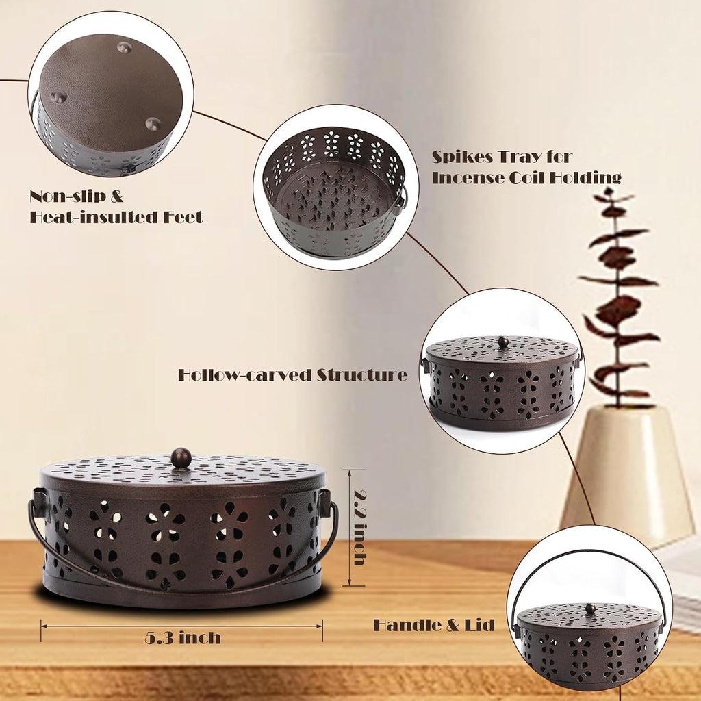 Mosquito Coil Holder 2 Pack Citronella Incense Coil Burner with Handle Enclosed Metal Mosquito Coil Holder for Home Camping (Black/Bronze)