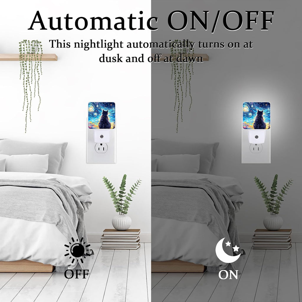 Black Cat Night Light, Plug-into Wall Starry Night Nightlight Lamp with Dusk to Dawn Sensor, Led Lamp 0.5W Energy Efficient for Boys Girls Adults Home Decor