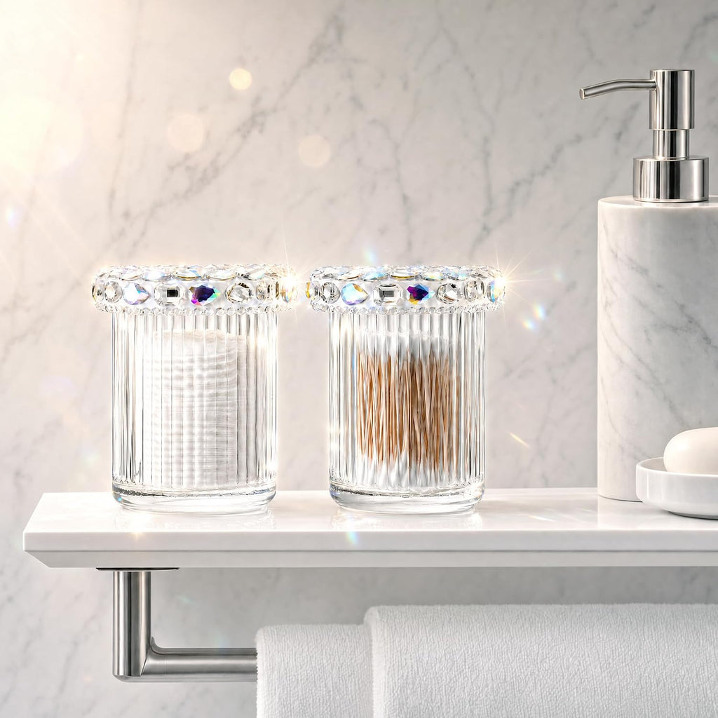 SlowVibes Bling Glass Cotton Swab Holder Jars, 2 Pack
