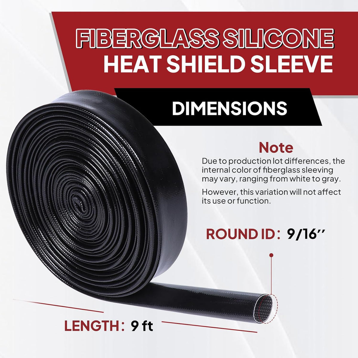 Silicone Fiberglass Sleeve Heat Shield Wire Protective High Temperature Electrical Insulation Self-extinguishing Black (9/16"-9ft)