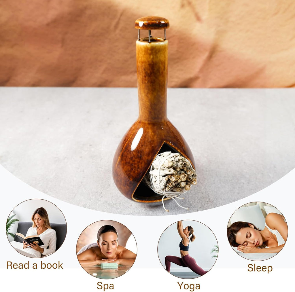 MOUGIGI Mini Chiminea Incense Burner Holder - Glossy Ceramic Smudge Bowl