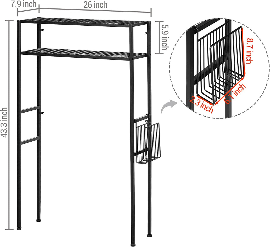 MyGift 2-Tier Over The Toilet Storage Rack, Over Toilet Bathroom Organizer, Freestanding Above Toilet Shelf with Removable Magazine Holder Basket, Black Metal Cabinet for Laundry Space Saver